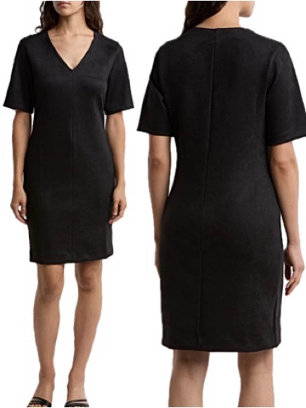 Spanx Black Faux Suede Column Mini Dress Size XS Short Sleeve V Neck Stretch